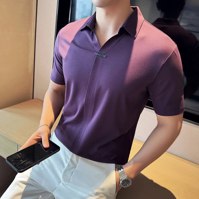 Bonsir Summer High Elastic V-neck Polo Shirt Men's Ice Silk Seamless Short Sleeved lapel Solid Tees Tops Streetwear 4XL-M