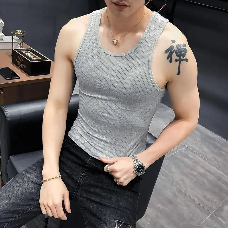 Bonsir Summer Cool Breathable Mesh Sweat Tank Vest Men Solid Color Sleeveless Round Neck Sweat Absorption Gym Men Tank Top