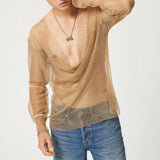 Bonsir Mens Sexy See-Through Mesh Long-Sleeve Top 2024 New Genderless Nightclub Individuality Irregular Thin Low-Cut T-Shirt Unisex