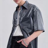 Bonsir French Satin Glossy Shirt Men's Fashion Pocket Solid Color Short Sleeve Blouse Unisex Functional Metal Button Design Shirts