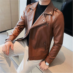 Bonsir Autumn New Oblique Zipper Leather Jacket Men Slim Fit Lapel Pu Leather Coat Streetwear Motorcycle Riding Uniform 3XL-M