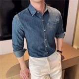 BONSIR  -  Autumn Spring Retro Popular Denim Shirt Men High Quality Pure Cotton Long Sleeve Men's Cowboy Shirts Casual One Pocket Jackets