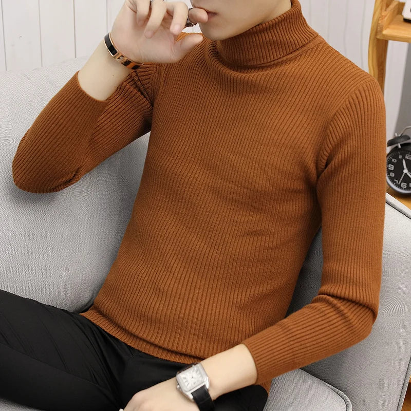 Bonsir Fall/Winter Men's Turtleneck Sweater Fashion Striped Solid Color Warm Knitted Sweater Men Double Collar Slim Fit Sweaters