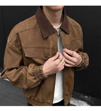 BONSIR  -  American Style Men Jacket Contrast Color Turn-down Collar Patchwork Washing New Autumn Silhouette Loose Male Coat 24K5356