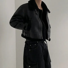 Bonsir Leather and fur one-piece cotton jacket men's winter Korean version loose lambskin motorcycle leather jacket