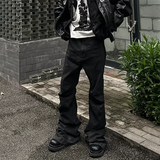 Bonsir Streetwear Black Glue Coated Boot Cut for Men and Women Straight Baggy Casual Flare Pants Oversized Loose Denim Trousers