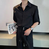 BONSIR  -  Summer Ice Silk Men's Suits Casual Short Sleeve Shirt And Pants Two-piece Set Ruffled  Handsome Draped Korean Style Loose Set
