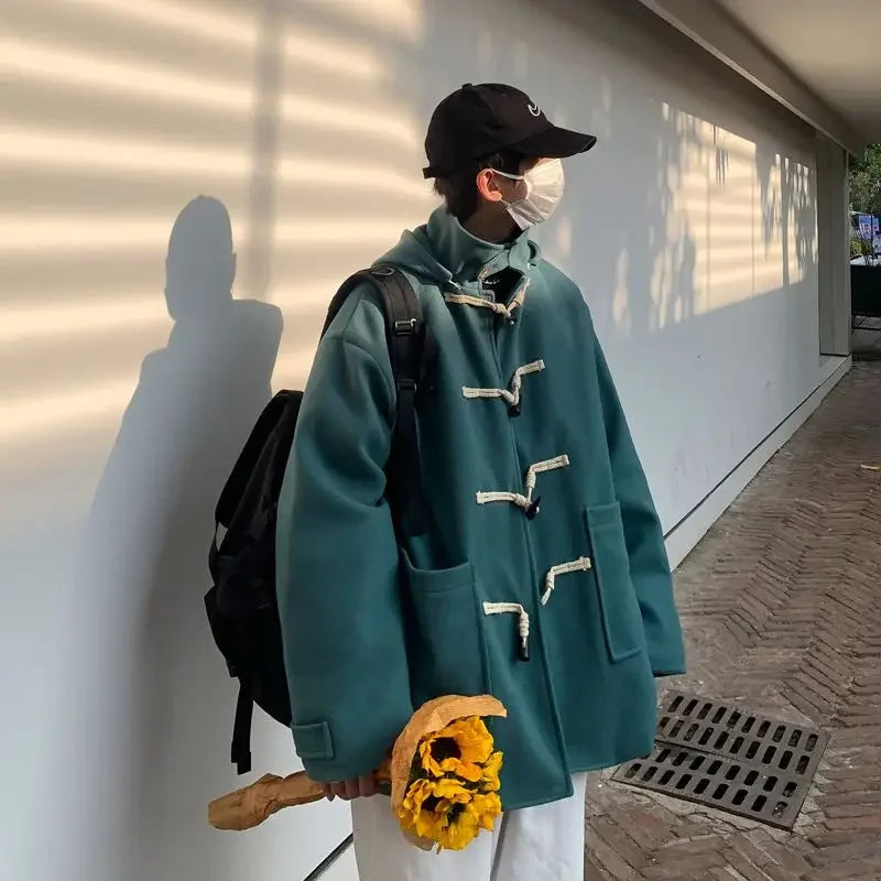 Bonsir Hooded woolen coat men Hong Kong style trend ins spring and autumn new horn button short windbreaker Harajuku jacket top student