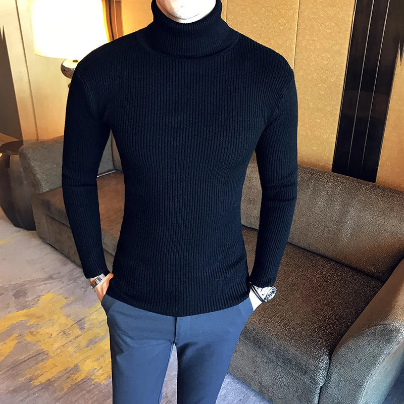 Bonsir Fall/Winter Men's Turtleneck Sweater Fashion Striped Solid Color Warm Knitted Sweater Men Double Collar Slim Fit Sweaters