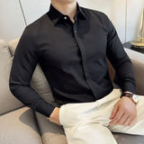 Bonsir Men's Fashion Metal Decorative Embellished Shirt High Quality Bamboo Fiber Fabric Slim Fit Embroidery Long Sleeve Business Shirt