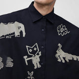 Bonsir Mens Autumn Cartoon Animal Graffiti Long-Sleeved Shirt New Casual Youth Trend Fashion Elegant Retro Simple Shirt For Men