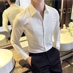 Bonsir Groom Wedding Party Dress Shirt Men's Fashion Pleated Design Slim Fit Shirt Men Formal Long Sleeved Social Business Tailcoat