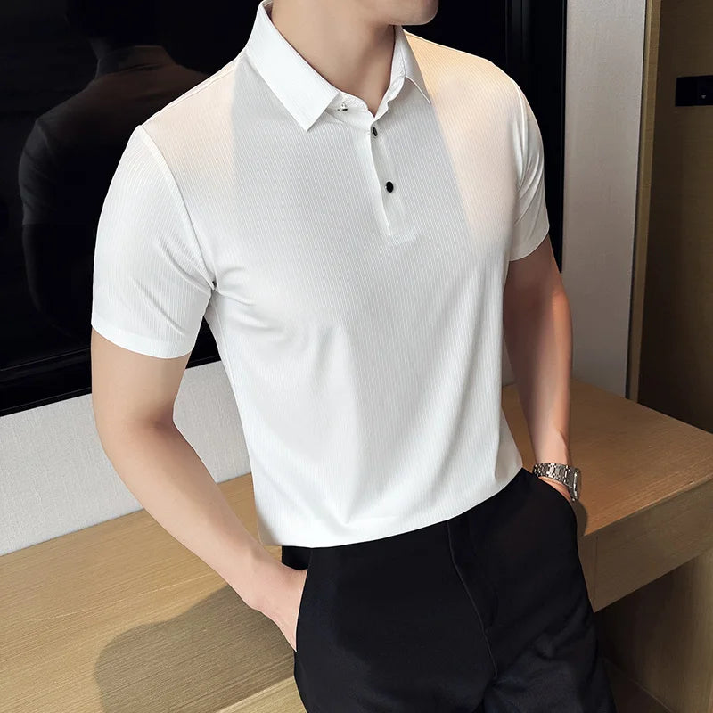 Bonsir Summer Ice Silk Seamless Polo Shirts For Men High Elasticity Thin Dark Stripes Solid Casual Slim Fit Short Sleeved T-shirt