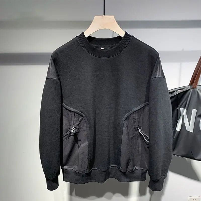 Bonsir Japanese fashion tooling big pocket shoulder top men's autumn youth loose splicing sweater men