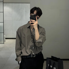 Bonsir Long shirt New Solid Loose Boyfriend Blouse Korean Shirt Men Gray White Black Turn Down Collar Casual Oversized Shirt