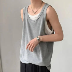 Bonsir Summer Thin Fake Two Casual Loose Men's Sports Outer Sleeveless Vest American Old Man Fitness Shirt Tops