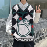 BONSIR  -  Men Clothing Trendy Vintage Harajuku Streetwear Y2K Aesthetic Knitted Sweater Vest Youth Male V Neck Sleeveless Loose Waistcoat