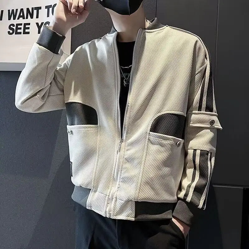 Bonsir Splicing Striped Male Baseball Coats Zip V Men's Bomber Jackets Trendy Cheap Sale Joker New in Korean Reviews Many Deals Cold