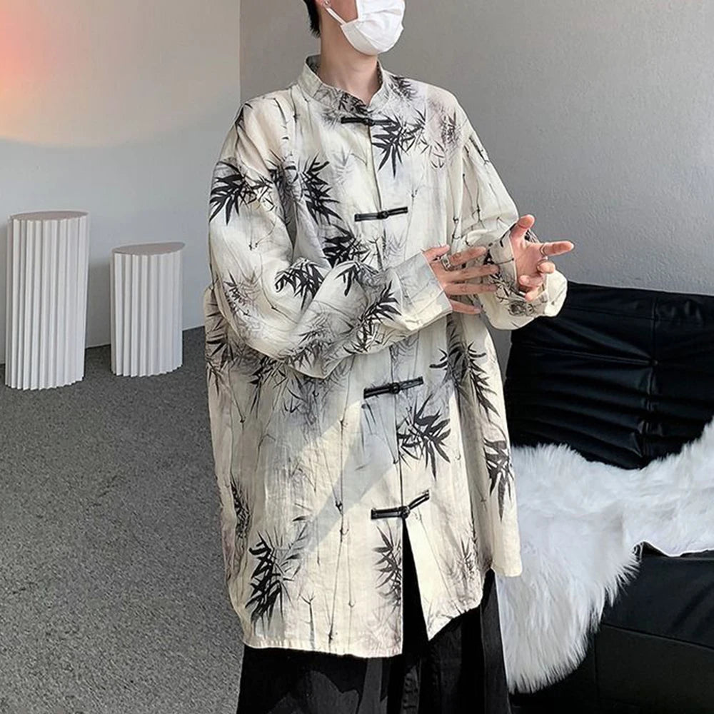 Bonsir Art Men Chinese Style Hanfu Tops Traditional Ethnic Kung Fu Trendy Shirt Sunscreen Clothing Bamboo Leaf Pan Button Printing Top