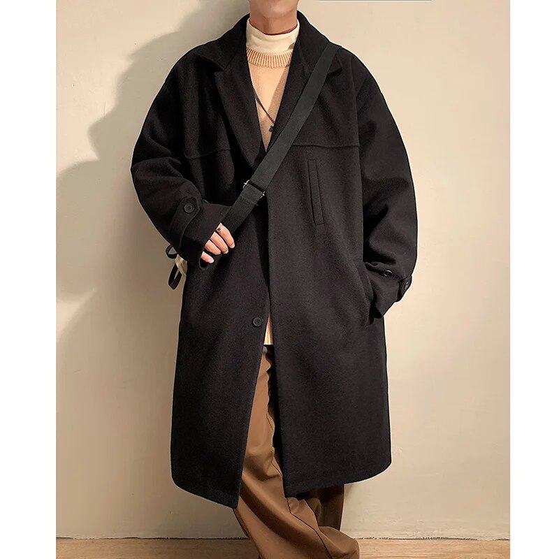 Bonsir Fashion Winter Thick Woolen Coat Men Warm 3-color Oversize Long Woolen Coat Men Korean Loose Woolen Trench Coat Mens Overcoat