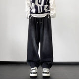 BONSIR  -  Retro Japanese Sle Dstring Loose Waist Denim Jeans for Men High Street Wide Leg Pants Youthful Trendy Long Trousers
