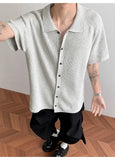 BONSIR  -  Old money style gray lapel knitted cardigan men's summer thin short-sleeved shirt high-end loose casual coat tide