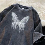 BONSIR  -  Summer New Harajuku Butterfly Print Grunge T-shirts Loose Fashion Streetwea Crop Tops Women Y2k Aesthetic Casual Drawstring Tees