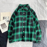 BONSIR  -  Fashion Harajuku Plaid Shirts for Men Autumn Winter High Quality Casual Flannel Men Retro Long Sleeves Shirt Streetwear Blouses