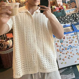 Bonsir Mens Japanese Jacquard Hollow Knitted Short-Sleeve Shirt New Sexy Solid Color Casual Simple Outer Lapel Casual Half-Sleeve Top
