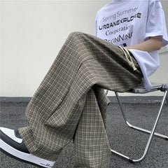 BONSIR  -  Summer/Autumn Plaid Pants Men Loose Casual Straight Trousers for Male/Female Harajuku Hip-hop Streetwear Wide-leg Mopping Pants