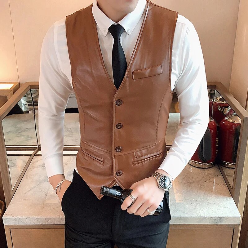 Bonsir Leather Vest Men New Fashion Casual High Quality Solid Color Single Breasted Slim Large Size Business Vest Waistcoat S-5XL