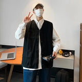 BONSIR  -  Japanese Vintage Men's Work Vest Versatile Solid Color Casual Male Tank Top Summer Loose Sleeveless Camisole Top