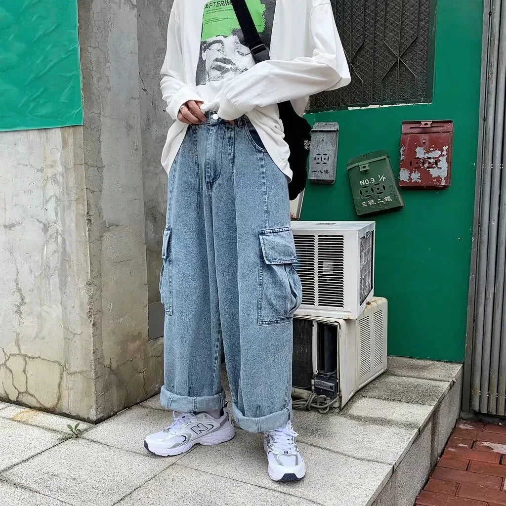 Bonsir Baggy Jeans Trousers Male Denim Pants Black Wide Leg Pants Men's Jeans Oversize Cargo Korean Streetwear Hip Hop Harajuku