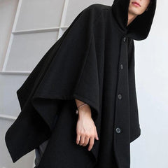 Bonsir Mens Dark Style Mid-Length Casual Hooded Cape Autumn And Winter Genderless Fashion Retro Loose Solid Color Shawl Cape Unisex