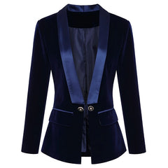 BONSIR  -  Dark Blue Black Blazer Women Spring Autumn Long Sleeve Velvet Coats Shawl Collar Single Button Blazers Women Jacket Coat Female