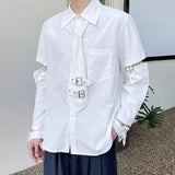 Bonsir Mens Y2k Spliced Casual Long-Sleeved Shirt 2024 New Genderless Functional Personality Solid Color Loose Hand Strap Top Unisex