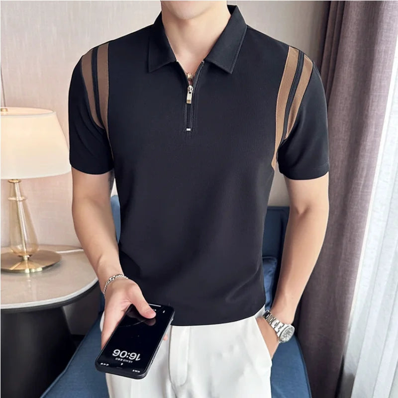 Bonsir Summer High Elastic Stripe Short Sleeve Polo Shirts Men's Business Casual Zipper T-shirt Tops Streetwear Plus Size 4XL-M