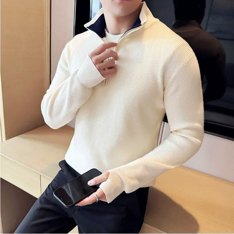 Bonsir Autumn Winter Sweater For Men High Quality Half Zipper Coat Men's Stand up Collar Color Blocked Slim Fit Knitted Pullover