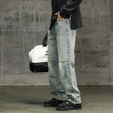 BONSIR  -  American New Fashion Vintage Men's Straight Wide Leg Loose Spliced  Casual Trendy Washed Blue Denim Trousers Male Streetwear