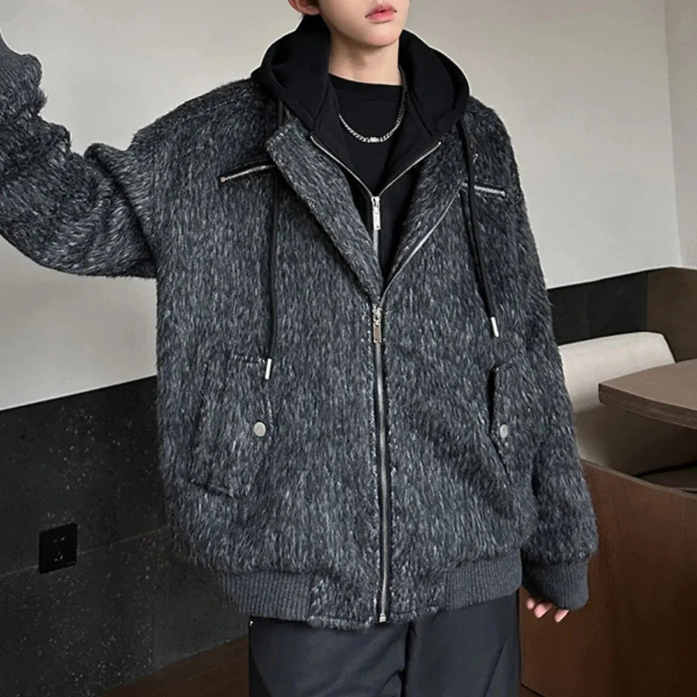 Bonsir Mens Street Fashion Casual Loose Trendy Fake Two-Piece Woolen Hooded Jacket Autumn Winter High-End Lazy Casual Versatile Jacket