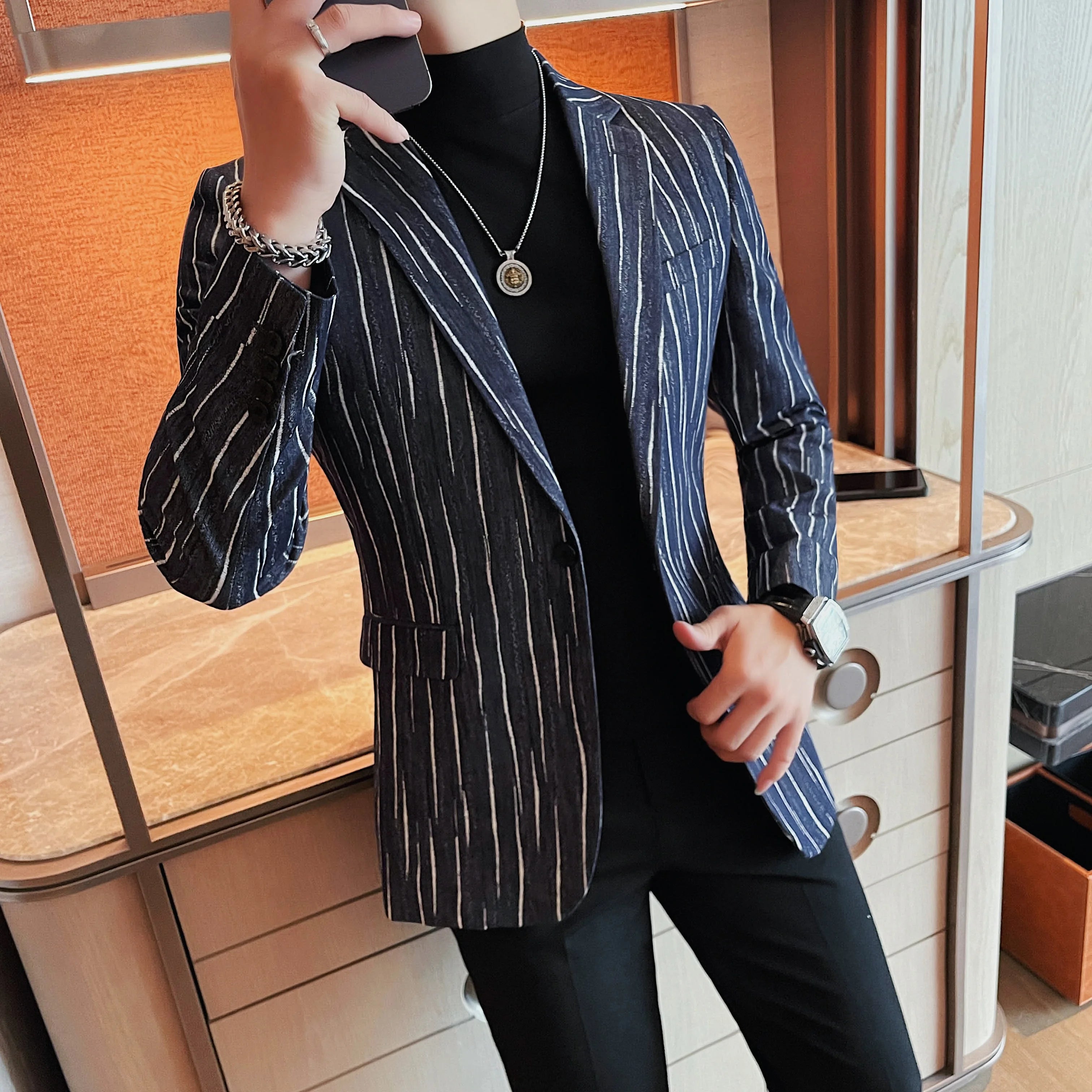 Bonsir British Style Striped Suit Jacket Men‘s Business Slim Fit Blazers Fashion Wedding Groom Social Casual Suit Coat Men's Clothing