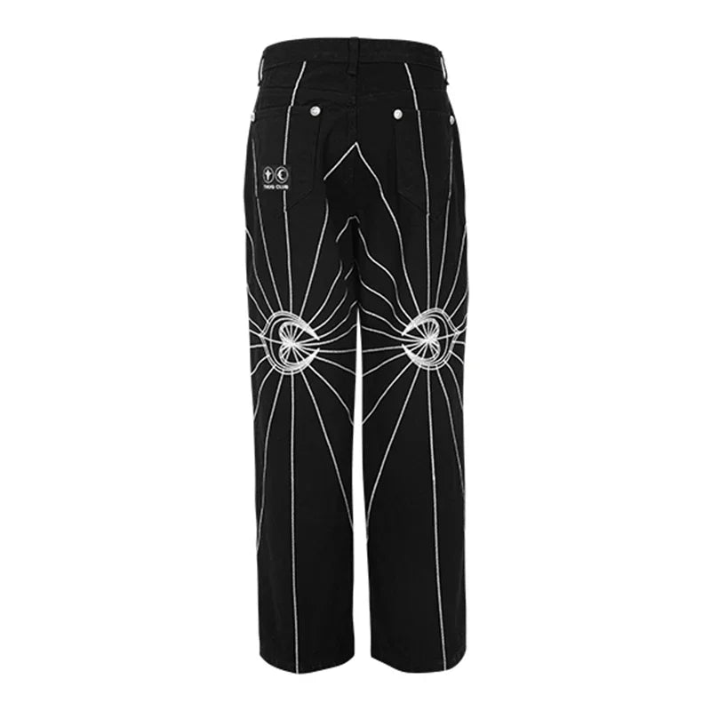 Bonsir Streetwear Spider Web Embrodiery Black Jeans for Men and Women Straight Ropa Hombre Baggy Denim Trousers Loose Cargo pants