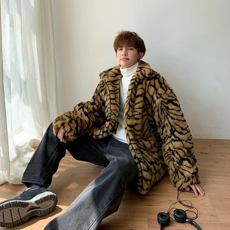 Bonsir Men Winter Faux Fur Furry Coat Loose Male Leopard Print Tiger Stripe Jacket Oversize Boys Harajuku Outerwear Xxxl Windbreaker