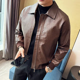 Bonsir Autumn Winter Men High Quality Woven Leather Jacket Fashion Lapel Business Casual Motorcycle Jacket Brand Social Overcoat