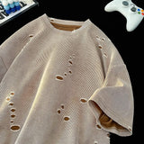 BONSIR  -  American Street Style Irregular Hole T-Shirt 2025 Summer Men's Short-sleeved Round Neck Top Tide Tshirt Hip Hop Couple T-shirts