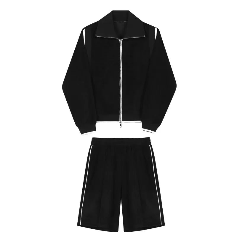 Bonsir Autumn Men's Two-piece Stand Collar Solid Color Jacket Straight Wide Leg Loose Male Shorts Korean Style