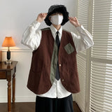 BONSIR  -  Japanese Vintage Men Work Vest Spring Autumn Loose Korean Edition Sleeveless Coat Contrast Spliced Male Clothing