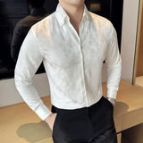 Bonsir High Quality Jacquard V-neck Shirt Men's Long Sleeved Slim Fit Casual Business Social Party Tuxedo Dress Shirts Black/White 4XL