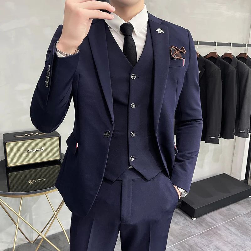 Bonsir (Jackets+Pants+Vest)High Quality Slim Fit Party Suit Mens Tuxedos Formal Business Wedding Social Suits Woven Decorate 3 Pcs Set