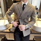 Bonsir British Style Men Double Breasted Slim Fit Blazer New Houndstooth Slim Fit Suit Jacket Formal Business Wedding Dress Jacket